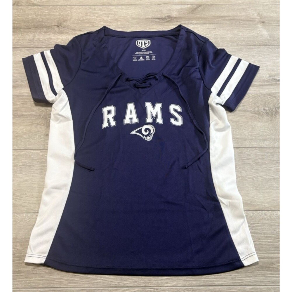 OTS Women's Los Angeles Rams NFL Lace-Up Cap Sleeve Blue White Jersey Medium